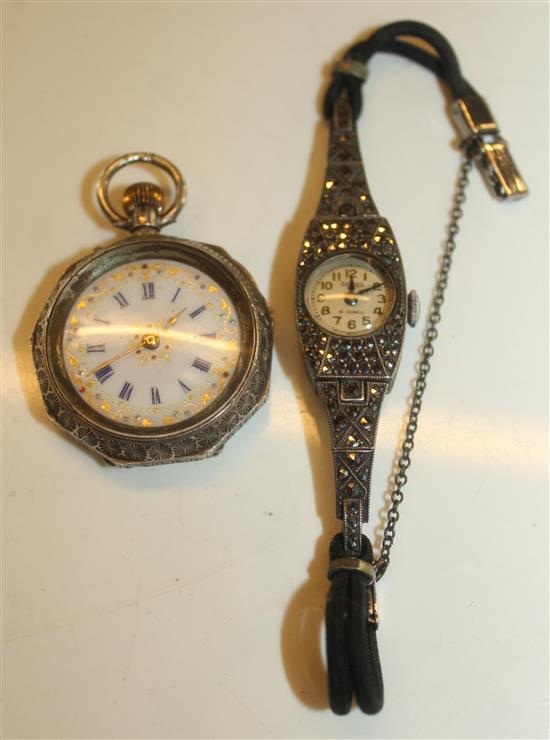 Silver fob watch and marcasite watch